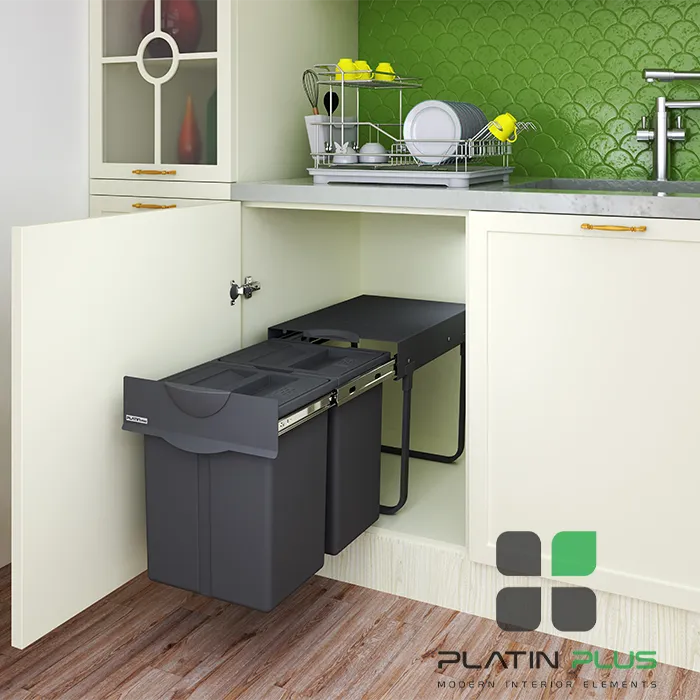 platin-8633 سطل زباله دو مخزنه آرام بند پرو پلاتین 40 لیتری با ریل وارداتی مناسب یونیت 40 پلاتین 8633