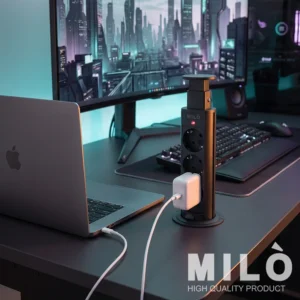پریز توکار آسانسوری میلو 1051 | پریز مخفی ریلی برای میز کنفرانس و کابینت - مشکی و نقره‌ای