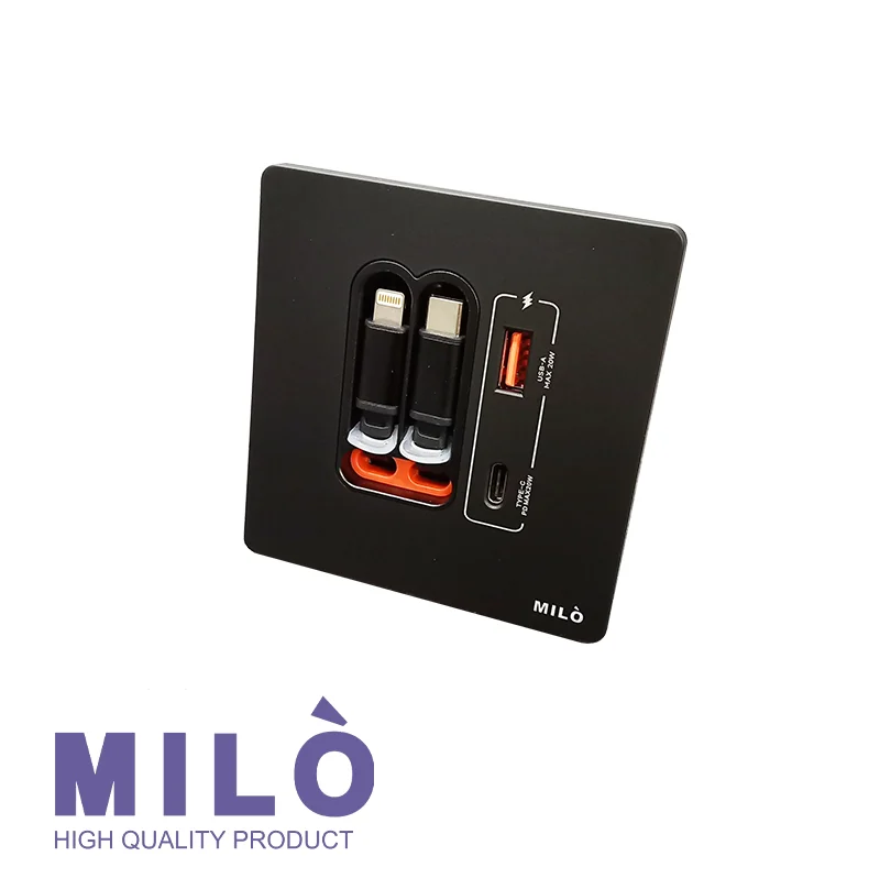 شارژر توکار کابلدار میلو 1068 | دارای ۲ سوکت برق + کابل شارژ آیفون و اندروید + فست شارژ (USB-A/C)