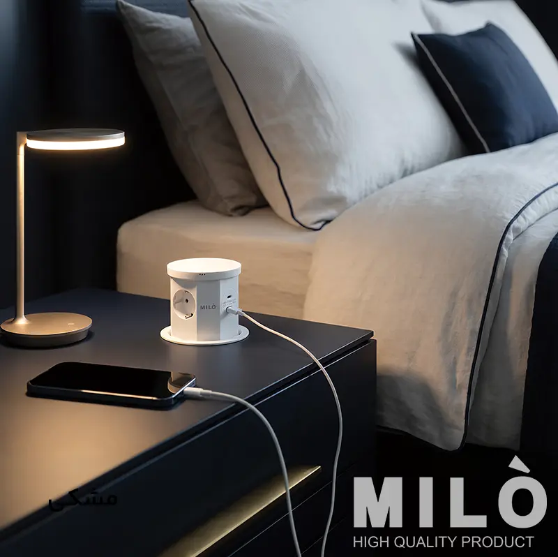 پریز توکار آسانسوری اتوماتیک میلو 1070 | شارژر وایرلس + ۳ سوکت برق + USB فست شارژ
