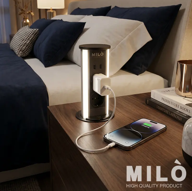 پریز توکار آسانسوری تاچ با نورپردازی LED میلو | شارژر وایرلس + ۲ سوکت + USB فست شارژ